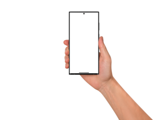 Close-up of hand holding modern smartphone with blank screen isolated.