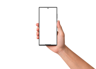Close-up of hand holding modern smartphone with blank screen isolated.