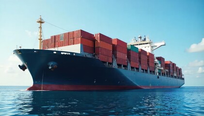 Obraz premium Massive cargo ship at sea, containers stacked high , sea, freight forwarding