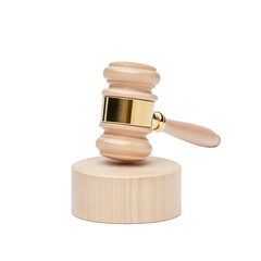 Wooden judges gavel resting on a round sound block isolated on a transparent background 