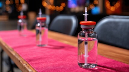 Several vials with syringes are placed on a red table runner in a modern indoor setting with blurred lights in the background.