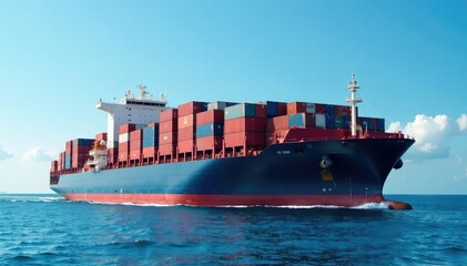 Fototapeta premium Massive cargo ship at sea, containers stacked high under a vast blue sky , cargo vessel, transportation