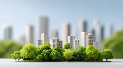 Modern city skyline with tall buildings behind a lush green park filled with trees, symbolizing urban nature and sustainability.