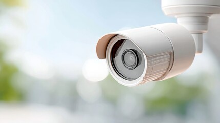 A modern outdoor security camera mounted on a wall, focused and ready for surveillance in a bright environment.