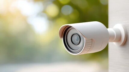 Outdoor security camera mounted on a wall, focused and ready for surveillance, with a blurred natural background.