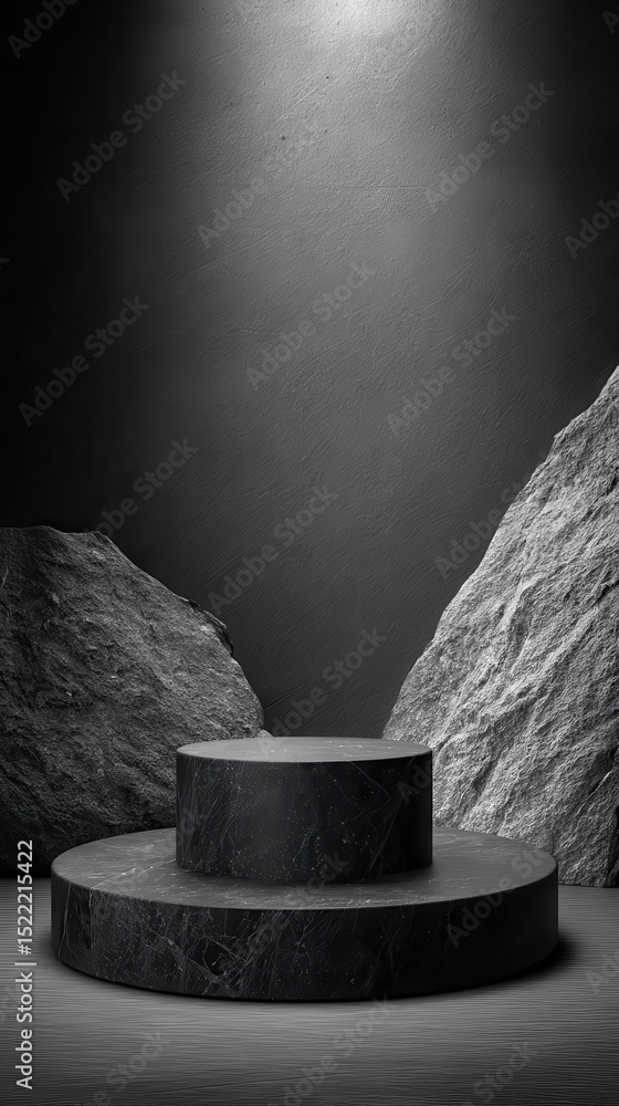 Poster a stunning image of empty black stone product display stage 3d background with rock podium stand dar
