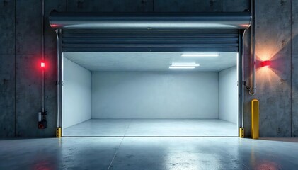 Fototapeta premium Modern automatic garage door opening, revealing a clean, well-lit interior , spring, metal, wood