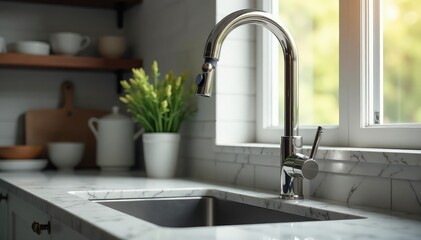 Modern kitchen faucet with sleek design and high arc spout, installed on a granite countertop , plumbing fixture, elegant