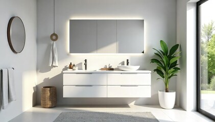 Fototapeta premium Modern white bathroom vanity with sleek countertop, sink, upgrade