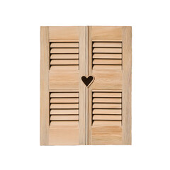 Rustic farmhouse window with weathered wooden shutters and a small heart shaped cutout isolated on a transparent background 