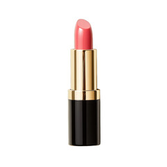Luxurious red lipstick in a sleek black and gold case slightly twisted up isolated on a transparent background 
