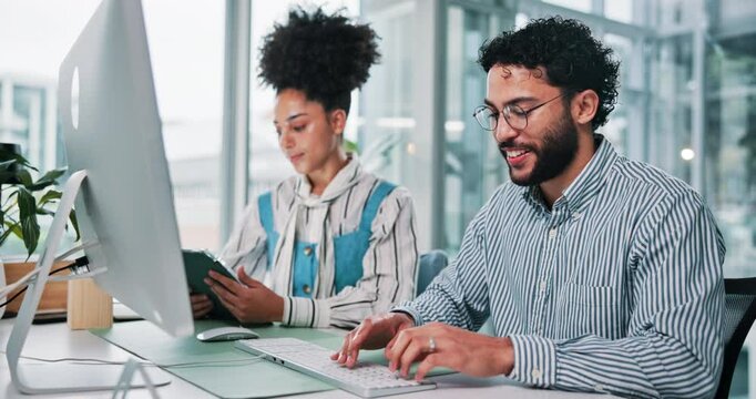 Typing, team and business man on computer for news source, fact checking and review. Writing, tablet and planning with happy journalist for coworking, creative article and story approval in office
