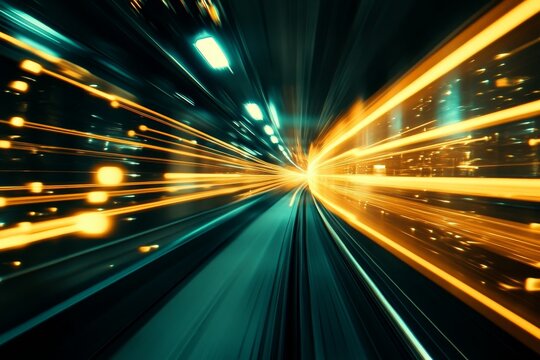 Abstract view of a tunnel's interior illuminated by streaks of light.