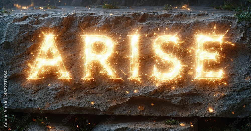 Poster glowing text spells arise upon rough stone surface. sparks radiate from illuminated letters, creatin