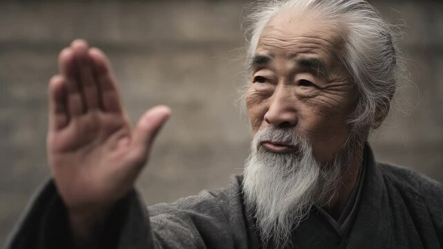 Timeless Martial Arts Mastery: An elder martial artist with a serene expression executes a precise movement in the art of Kung Fu, capturing the embodiment of discipline, wisdom.
