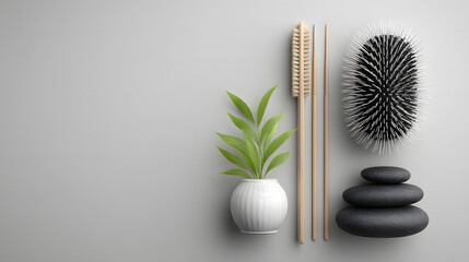 A soothing spa display features brushes, smooth black stones stacked neatly, and a small potted plant, set against a light grey background for a relaxing effect.