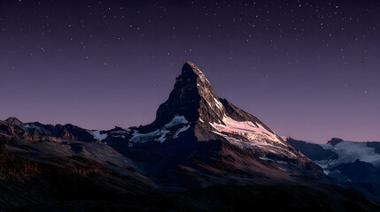 Majestic Matterhorn mountain peak illuminated by soft light under a starry night sky creates a serene and awe-inspi landscape in the Swiss Alps.