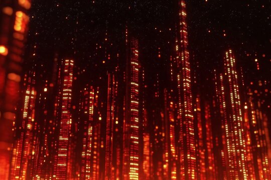 Digital city of glowing red structures.