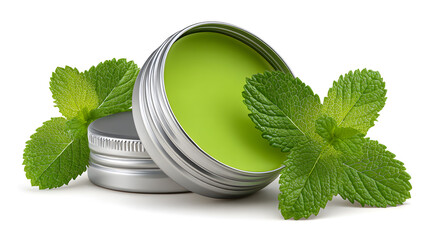 A metal tin container of vibrant green balm with fresh mint leaves is presented on a seamless white background in a bright and inviting composition today.