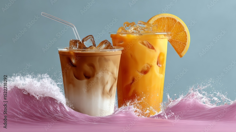 Poster two drinks, one with ice and one without, sit on a table next to each other. the drinks are in plast