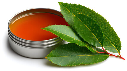 A round tin of golden herbal ointment rests beside fresh green bay leaves, showcasing a natural remedy in vibrant color against a bright white background.