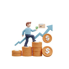 3D Illustration of Man Climbing Coin Stack Arrow Symbolizing Growth