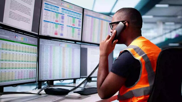 Emergency 911 Call Center. Man Talking On Phone