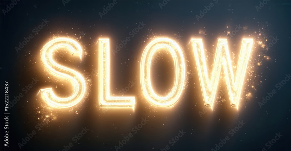 Aufkleber bright golden text spells slow against dark blue background. sparks radiate from illuminated letters