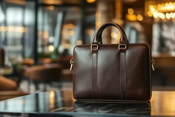 Dark brown leather laptop bag on a table.