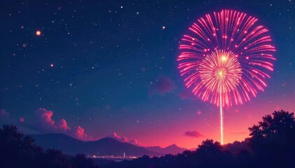 Vibrant fireworks burst against a night sky, vector illustration , black, graphic design