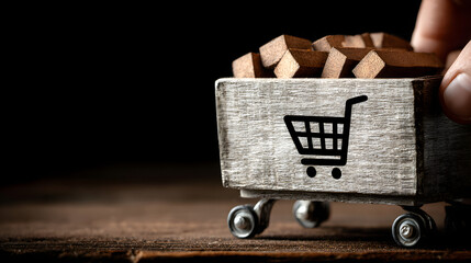 Close-up shows a small wooden toy shopping cart overflowing with brown building blocks, held by a human hand against a dark background symbolizing shopping.