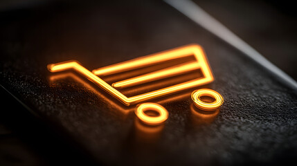 A glowing yellow shopping cart icon illuminates a textured dark surface, representing online retail and ecommerce transactions and digital consumerism trends.