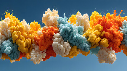 A vibrant explosion of colorful powders suspended mid-air against a clear blue sky creates an abstract and visually stunning display of motion and artistry.