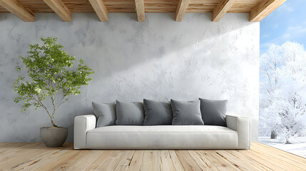 A bright living room features a white sofa with gray pillows, a potted plant, and a winter scene visible through the expansive window, creating a cozy atmosphere.