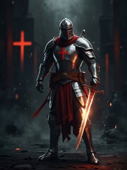 Fototapeta premium White Surcoat, Red Mark: The Templar’s Fierce Oath in Battle