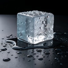 A single ice cube melting on a dark surface with water droplets around