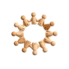 Wooden figures forming a circle teamwork unity concept on transparent background