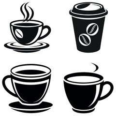 Black and White Illustration of Coffee Cups, Coffee Beans, and Steam