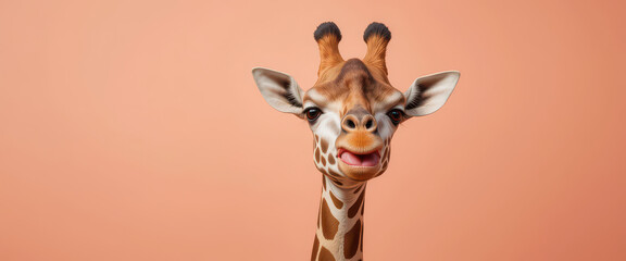 Giraffe with tongue out and playful facial expression looking forward on soft peach background, stylized wild animal portrait with cartoon-like charm

