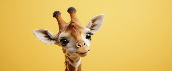 Adorable stylized giraffe with big cartoon-like eyes and smiling expression on bright yellow background, cute fantasy animal portrait in whimsical rendering

