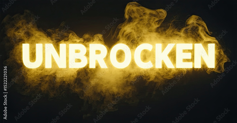 Poster bright text reads unbrocken amid swirling smoke. dramatic lighting creates intense visual impact. da
