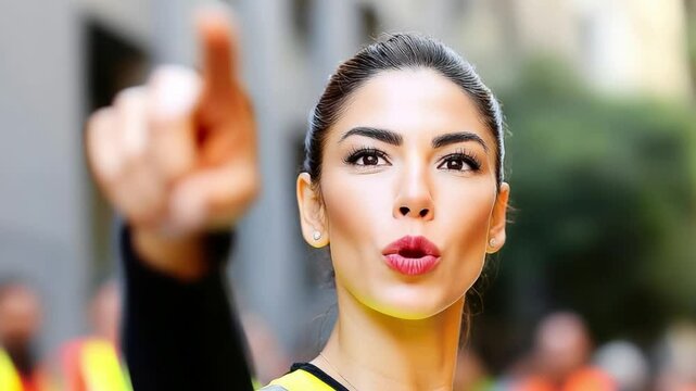 Attention Direct: A poised woman in a high-visibility vest directs attention with a firm gesture, commanding respect and authority in an urban setting. Capturing focus and decisive action.