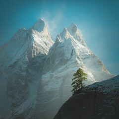 Majestic snow covered mountain peaks with a lone evergreen tree under a bright blue sky