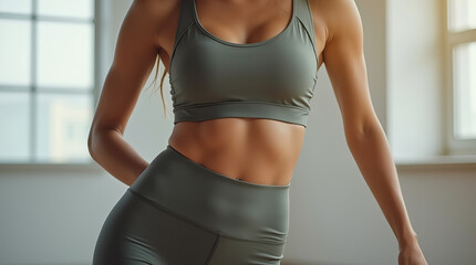 Close-up of Fit Woman Wearing Olive Green Sports Bra and Leggings in Sunlit Indoor Fitness Setting