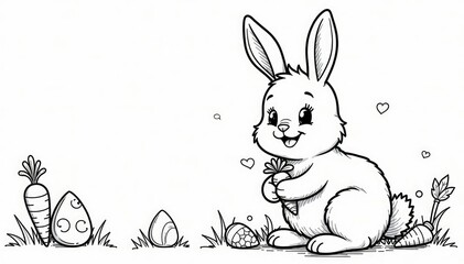 Fototapeta premium Adorable Easter bunny coloring page featuring a cute bunny with carrots Perfect for kids' crafts and Easter activities , printable coloring page, easter