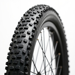 Close-Up of Mountain Bike Tire with Knobby Tread Pattern and Spoked Wheel on White Background