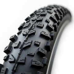 Detailed Close-Up of Black Mountain Bike Tire Tread with Aggressive Knobby Pattern