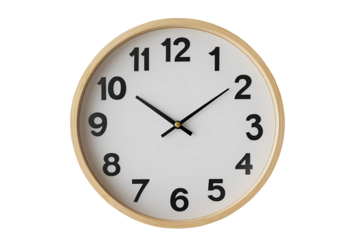  A simple wall clock with black numbers and hands, centered on a white background, with no shadows, no text or letters on the face of the clock - Powered by Adobe