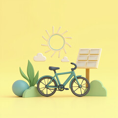 3D Illustration of Green Bicycle Next to Solar Panel and Plants under Sun on Yellow Background