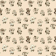 Fototapeta premium Seamless pattern with Groovy Breakfast Duo Characters in Retro Style 